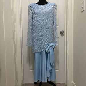 Vintage 80s Mister Jay Blue Lace Dress Sz 18 Formal Drop Waist Gown Bow Cottage